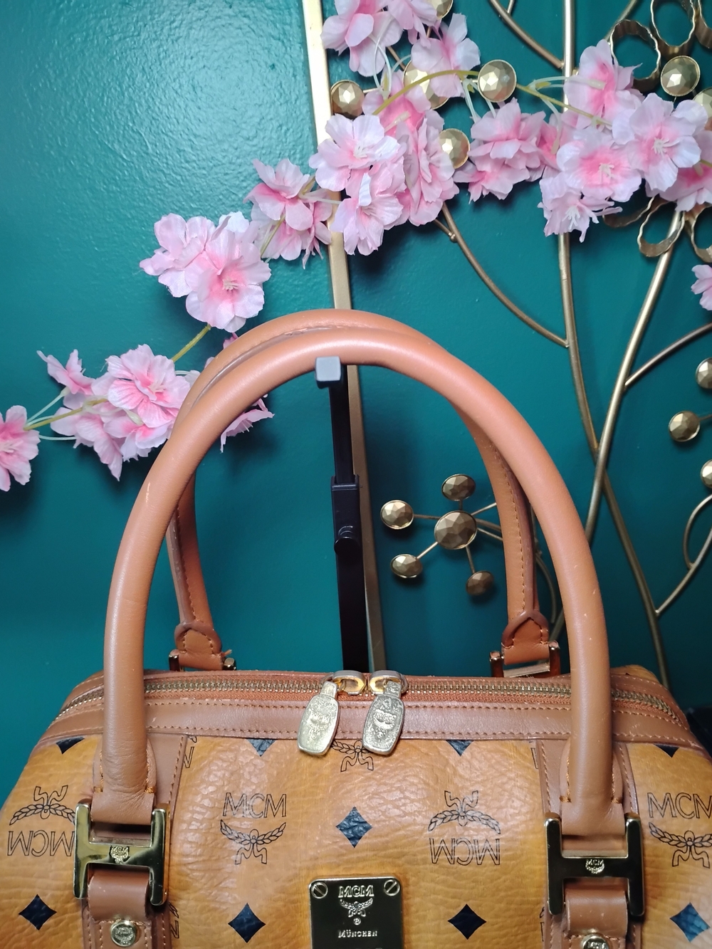 MCM Cognac Monogram Visetos Dome Satchel with Gold Hardware - Picture 2 of 10